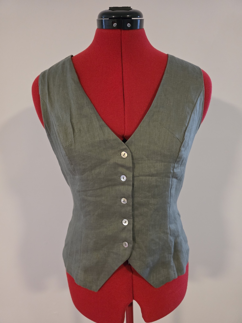 Sleeveless V-Neck Olive Linen Blend Button Front Vest
